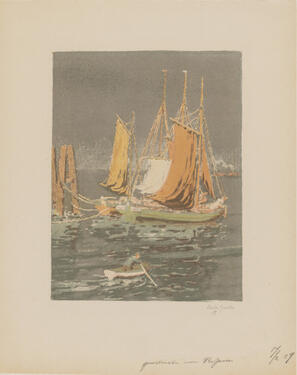 Depiction of several boats with orange sails on the open sea